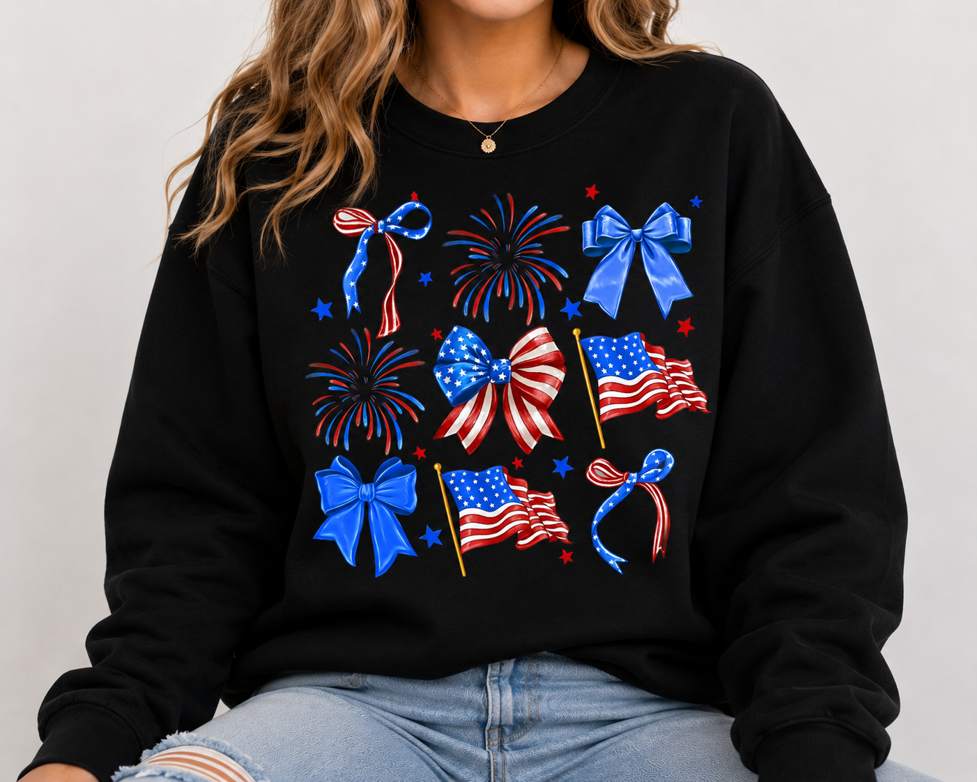 4th of July Fireworks, Flags & Bows Women's Graphic Sweatshirt