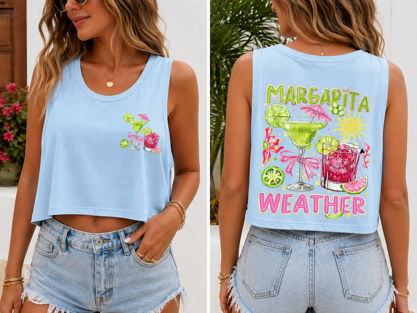 Margarita Weather Women's Graphic Loose Cropped tank top- Pink, Blue & White