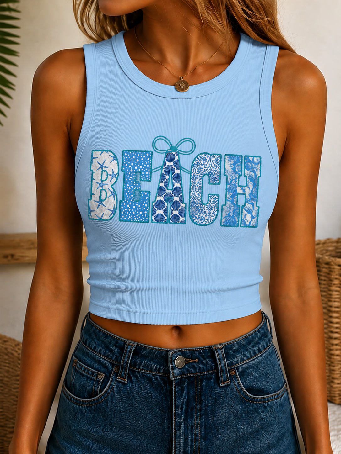 Beach Bows & Pearls Women's Cropped Ribbed Tank Top