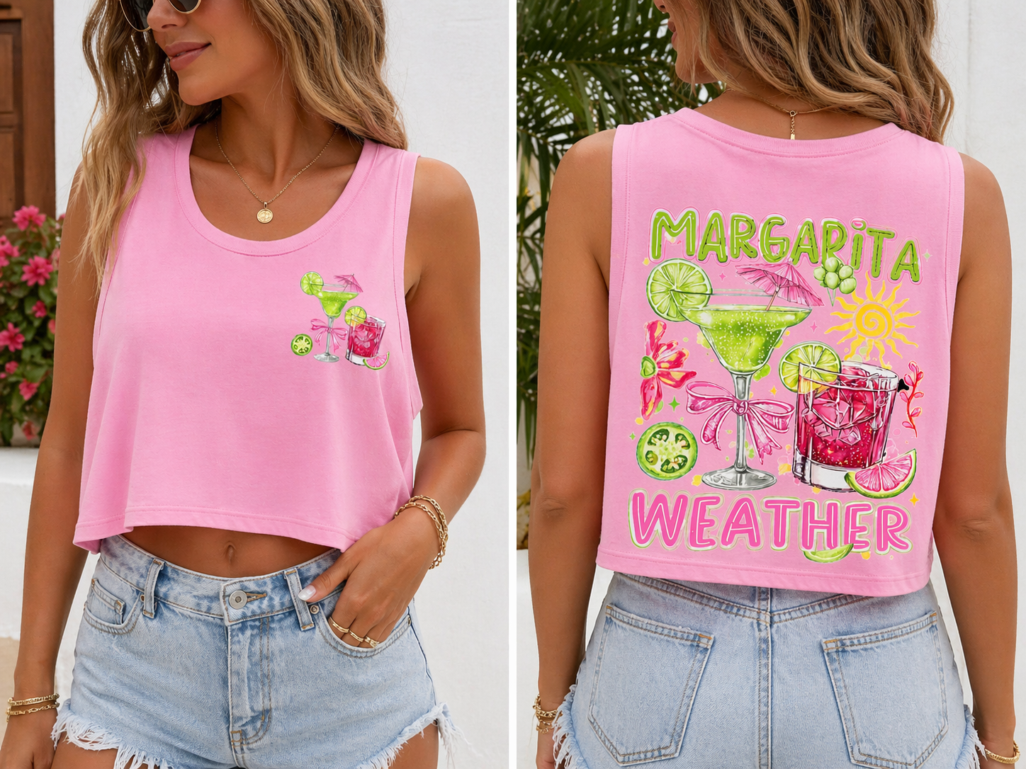 Margarita Weather Women's Graphic Loose Cropped tank top- Pink, Blue & White