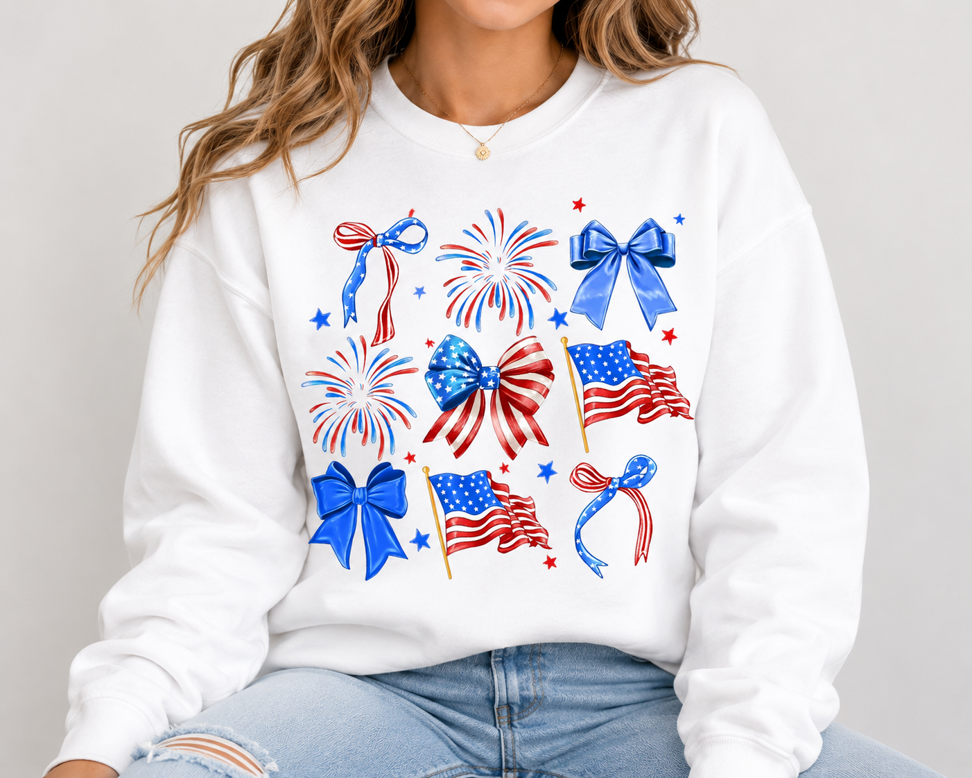 4th of July Fireworks, Flags & Bows Women's Graphic Sweatshirt