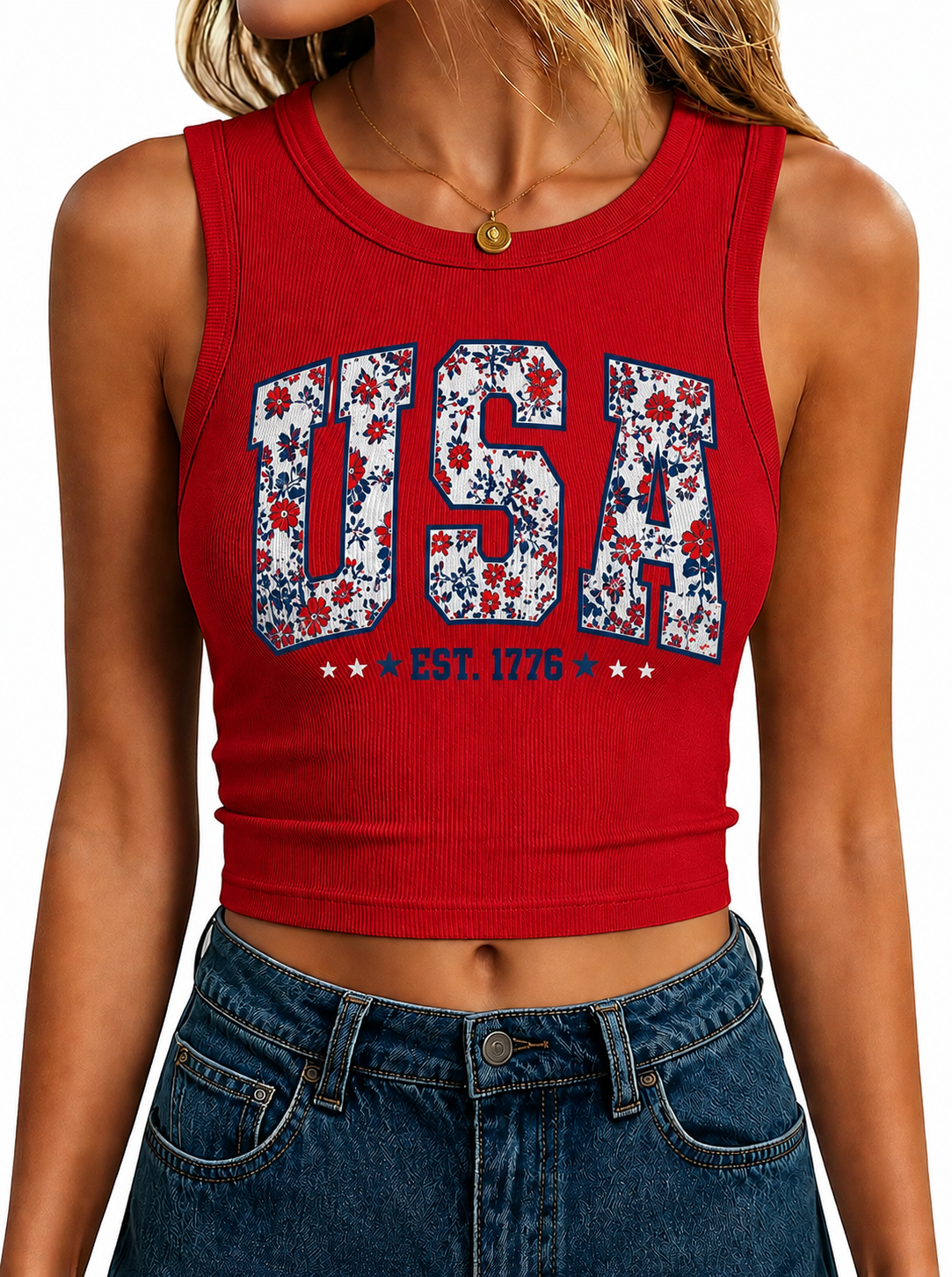 Floral USA Graphic Women's Cropped Ribbed Tank Top