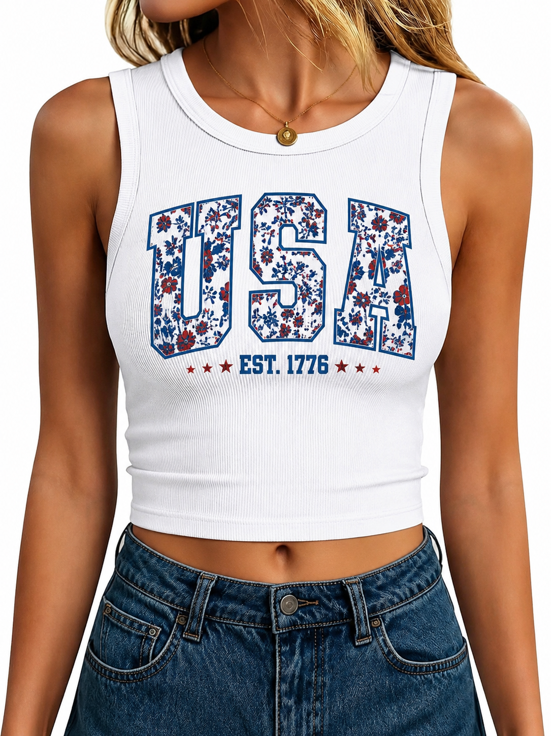 Floral USA Graphic Women's Cropped Ribbed Tank Top