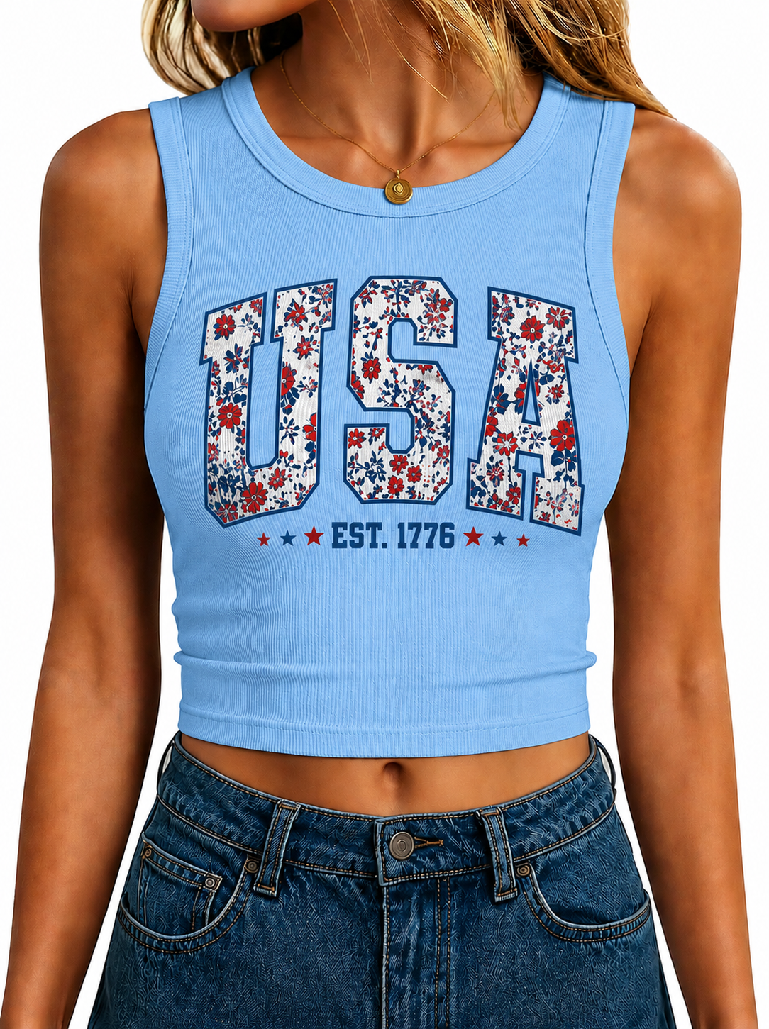 Floral USA Graphic Women's Cropped Ribbed Tank Top